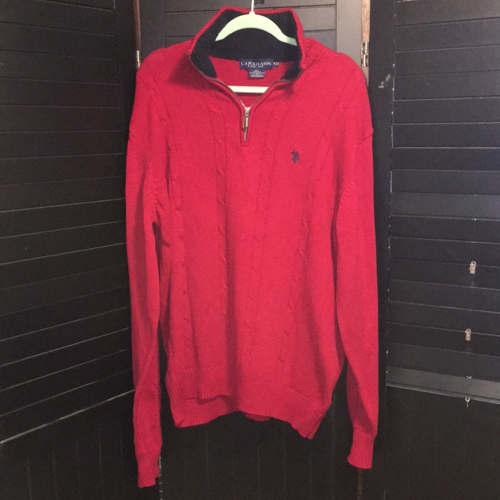 US POLO ASSOCIATION RED 1/4 ZIP CABLE KNIT LONG SLEEVE SWEATER FLEECE COLLAR.